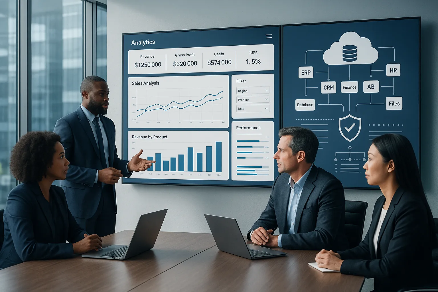 Business team reviewing analytics dashboards and integrated data in a modern office.