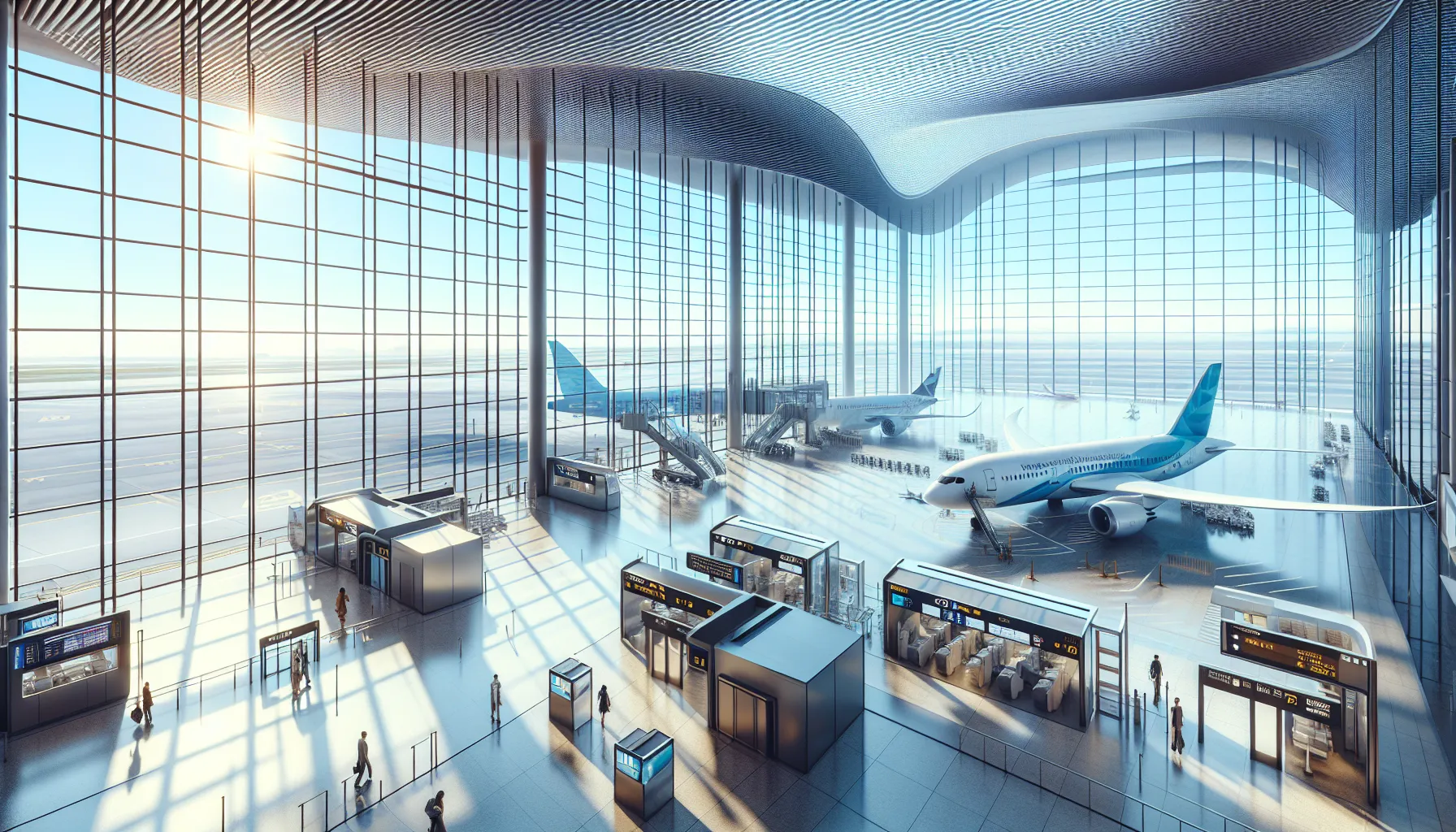 Two planes, from Airbus and Boeing, parked at a bustling airport terminal.