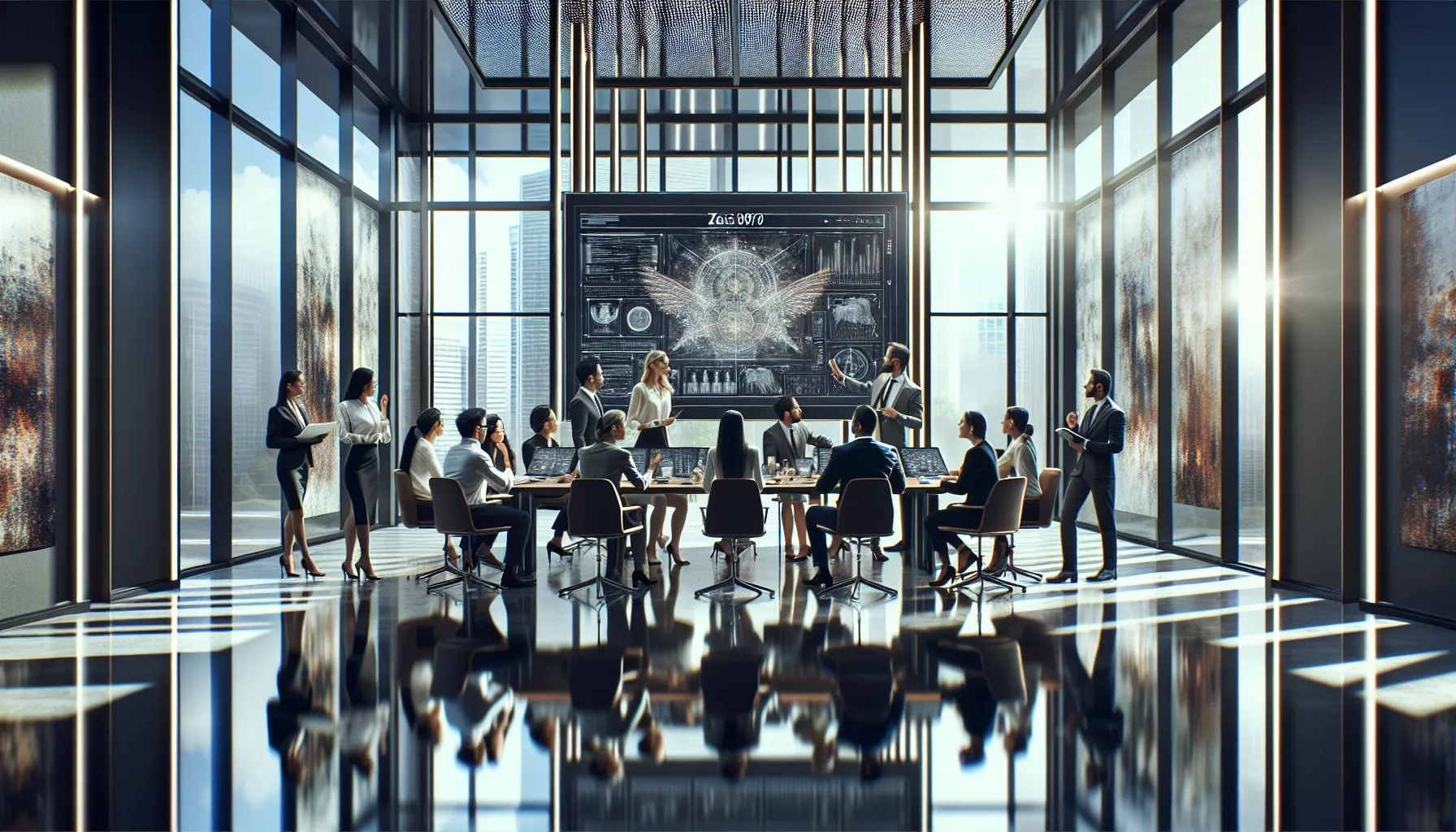 diverse team discussing mythology in a modern office setting.