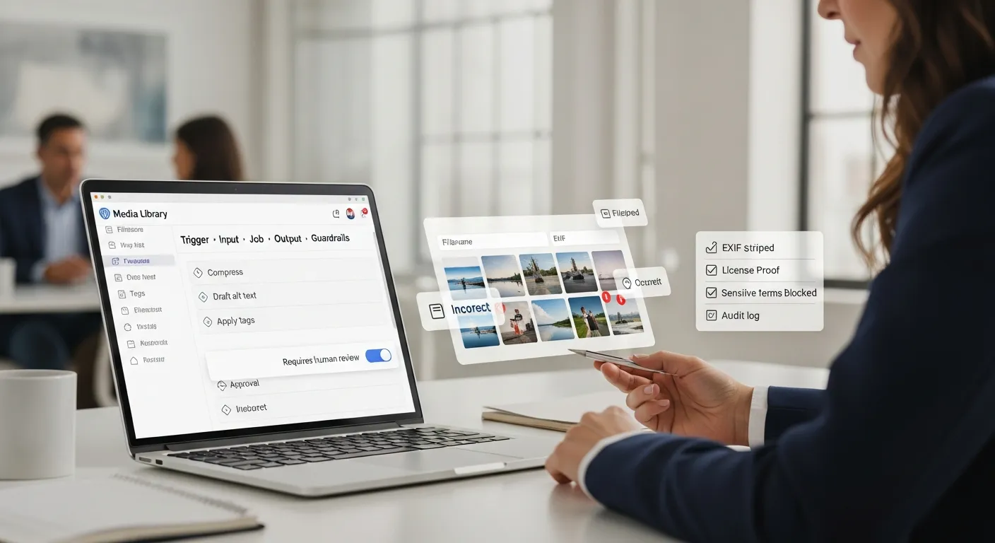 WordPress media manager reviewing automated metadata with approval guardrails on a laptop.