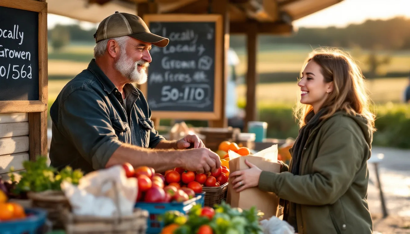 Farmer selling fresh local produce to a customer at a rural American market.