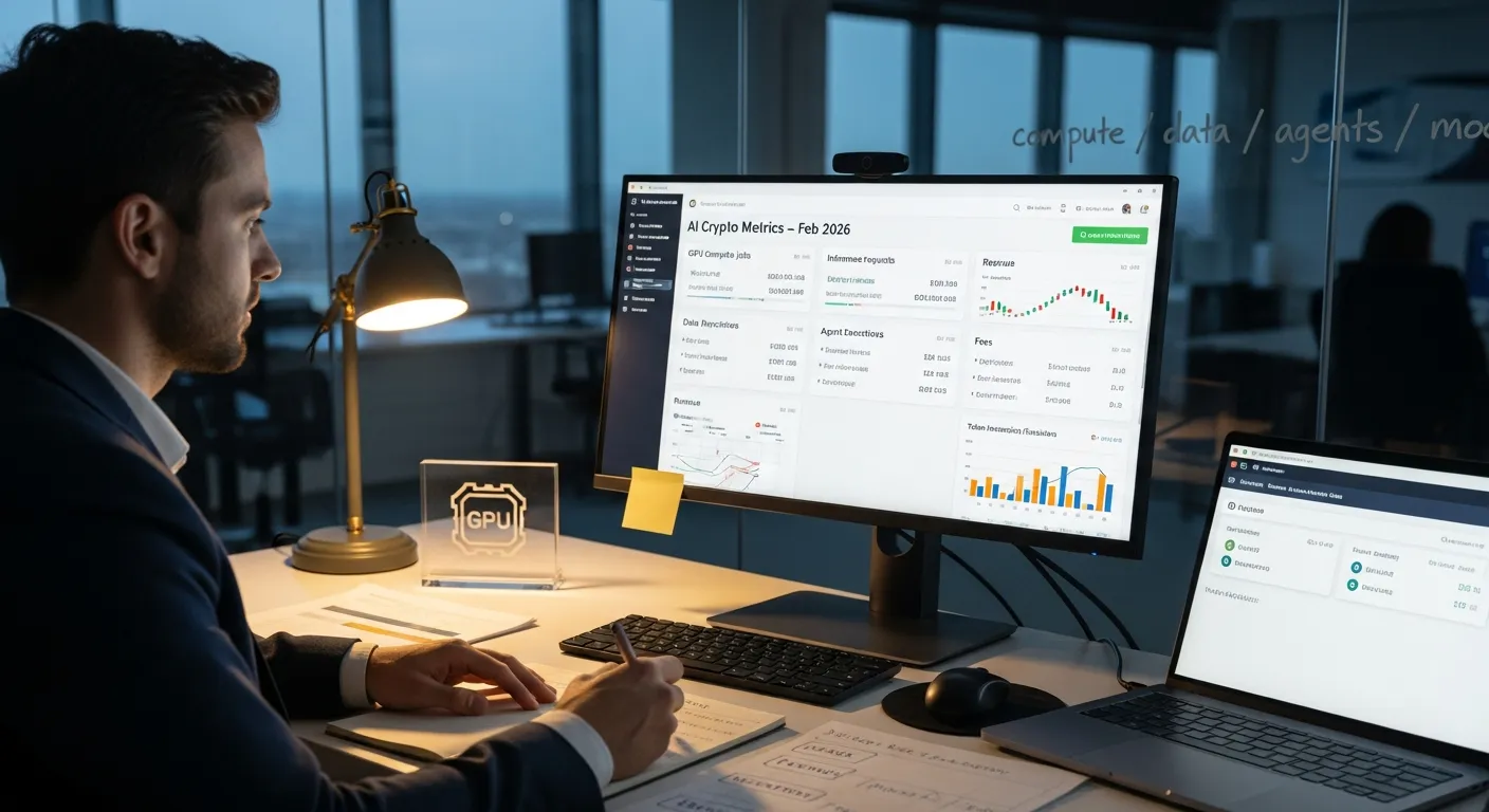Top 5 AI Crypto Coins to Watch in February 2026 2 Analyst in a US office reviewing AI crypto usage, fees, and incentives dashboard.
