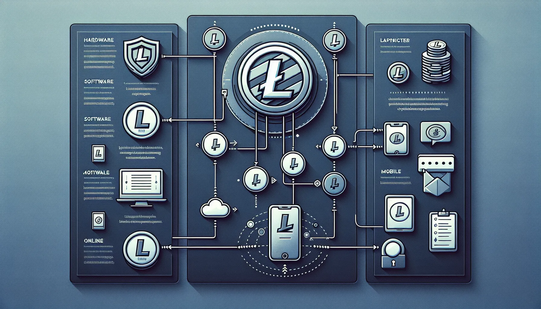 Infographic showing Litecoin wallet types, address formats, and transaction essentials.