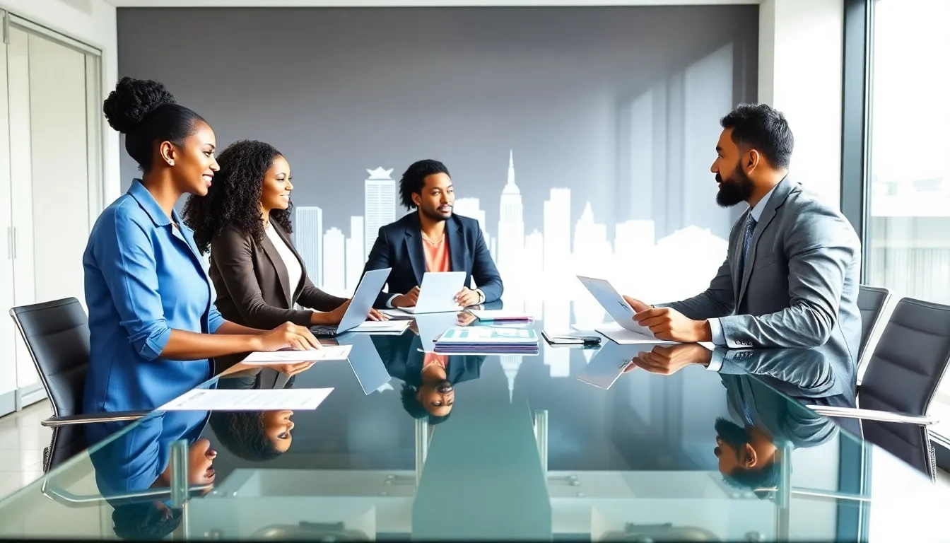 diverse professionals discussing FHA loans in a modern office.