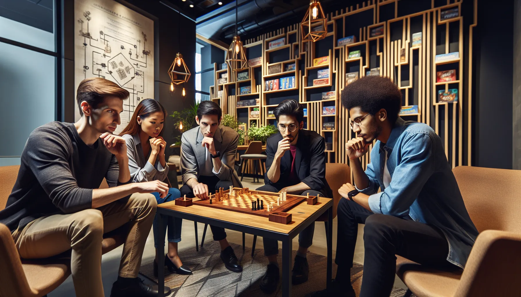 diverse group playing Sattamatakafinalank in a modern gaming lounge.