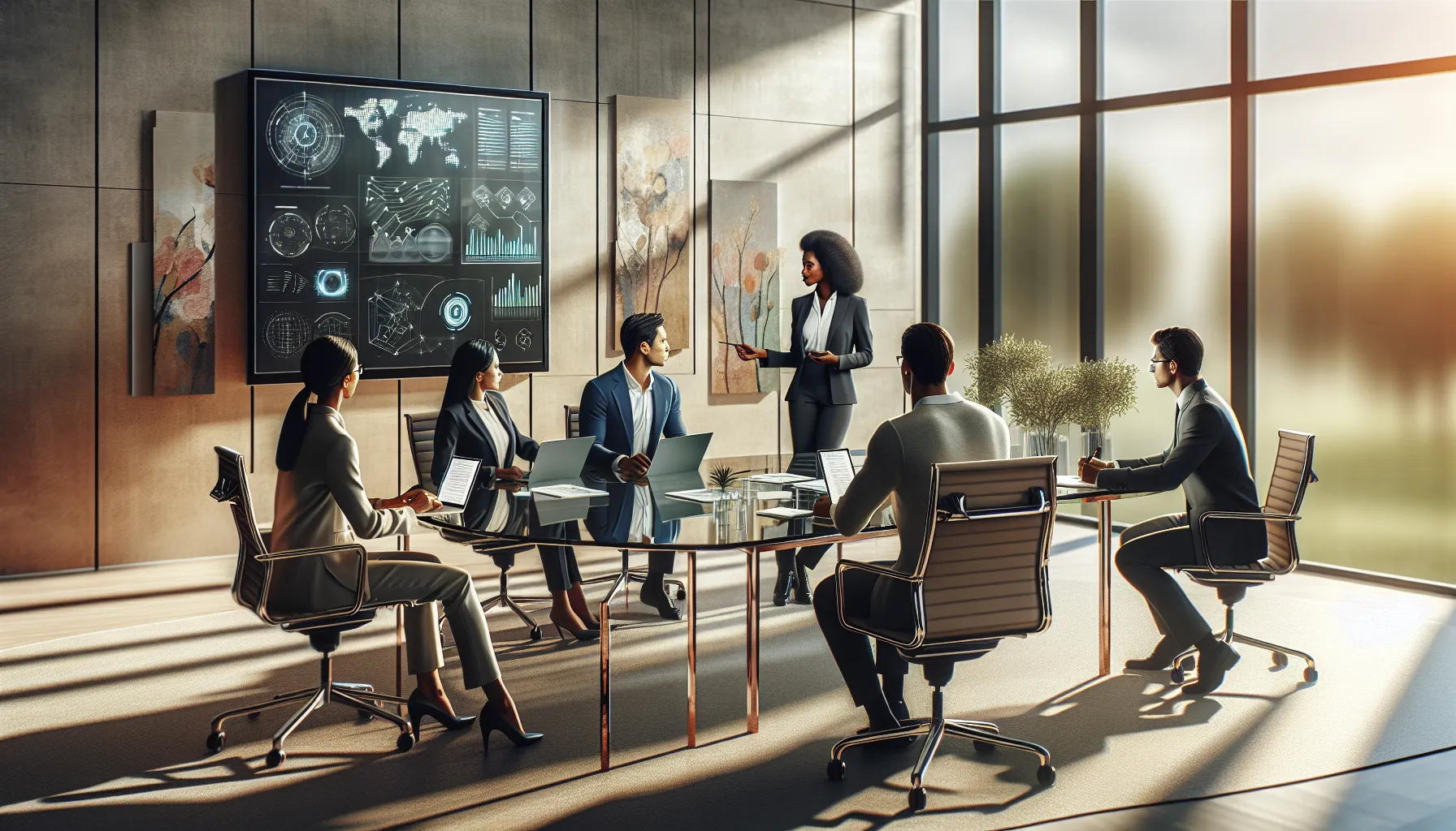 diverse professionals collaborating in an office around a conference table.