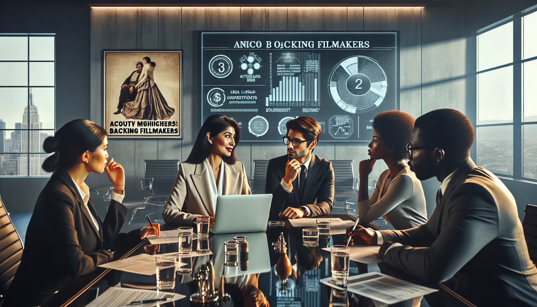 professionals discussing legal aspects of film streaming in a modern office.