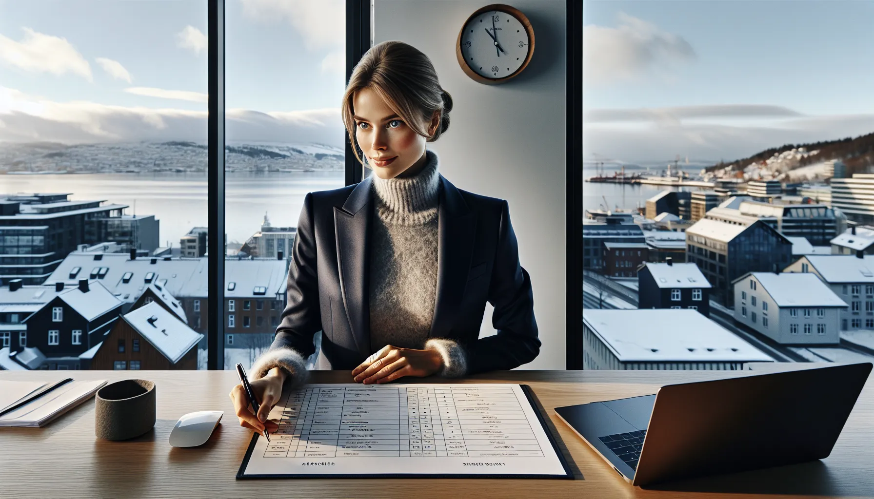 Norwegian professional reviews cross-cultural negotiation checklist with laptop, clocks, and world map.