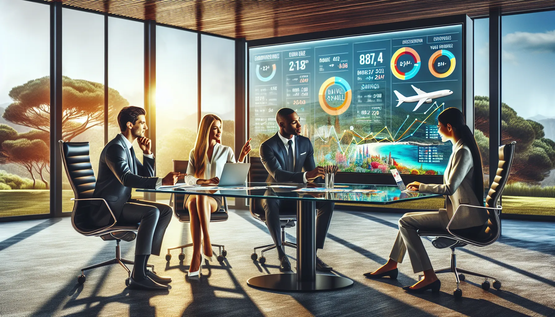 diverse travel professionals discussing airline discount codes in an office.