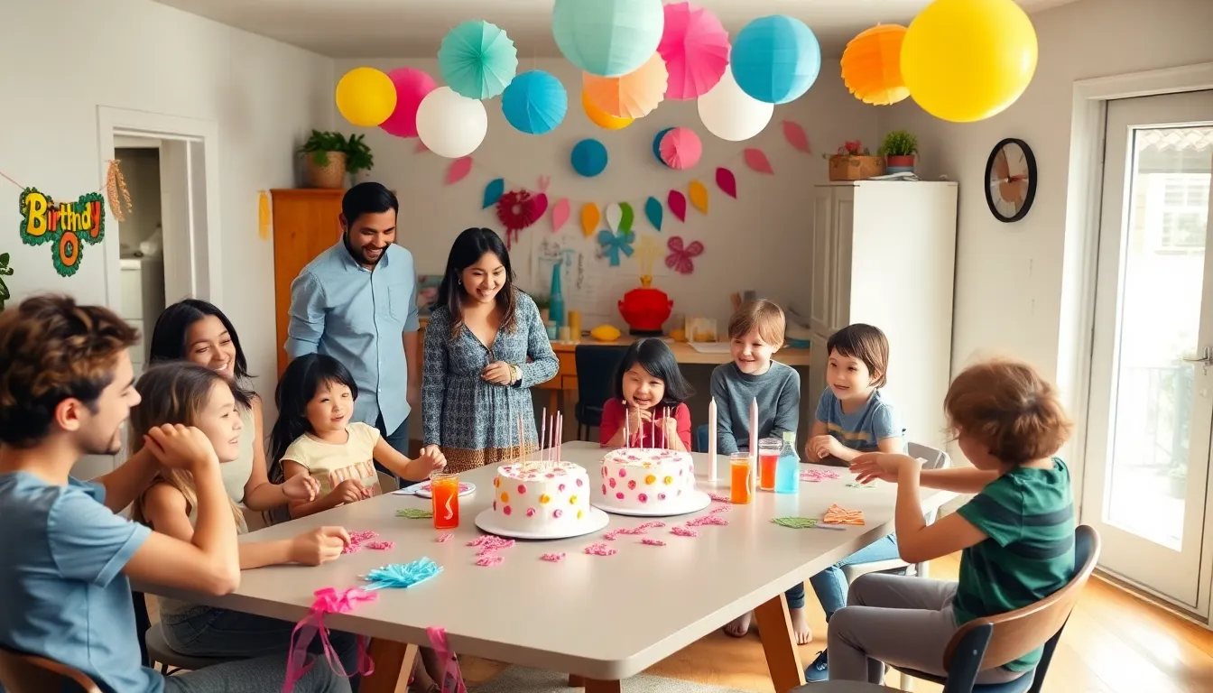 family and friends celebrating a birthday with DIY decorations at home.