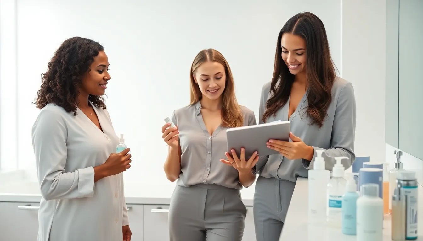 professionals discussing skincare routines in a modern bathroom.