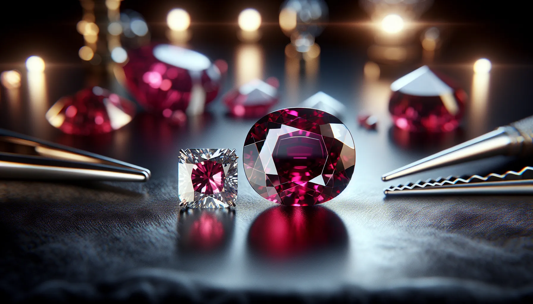 A vivid ruby and diamond displayed side by side on a velvet surface.