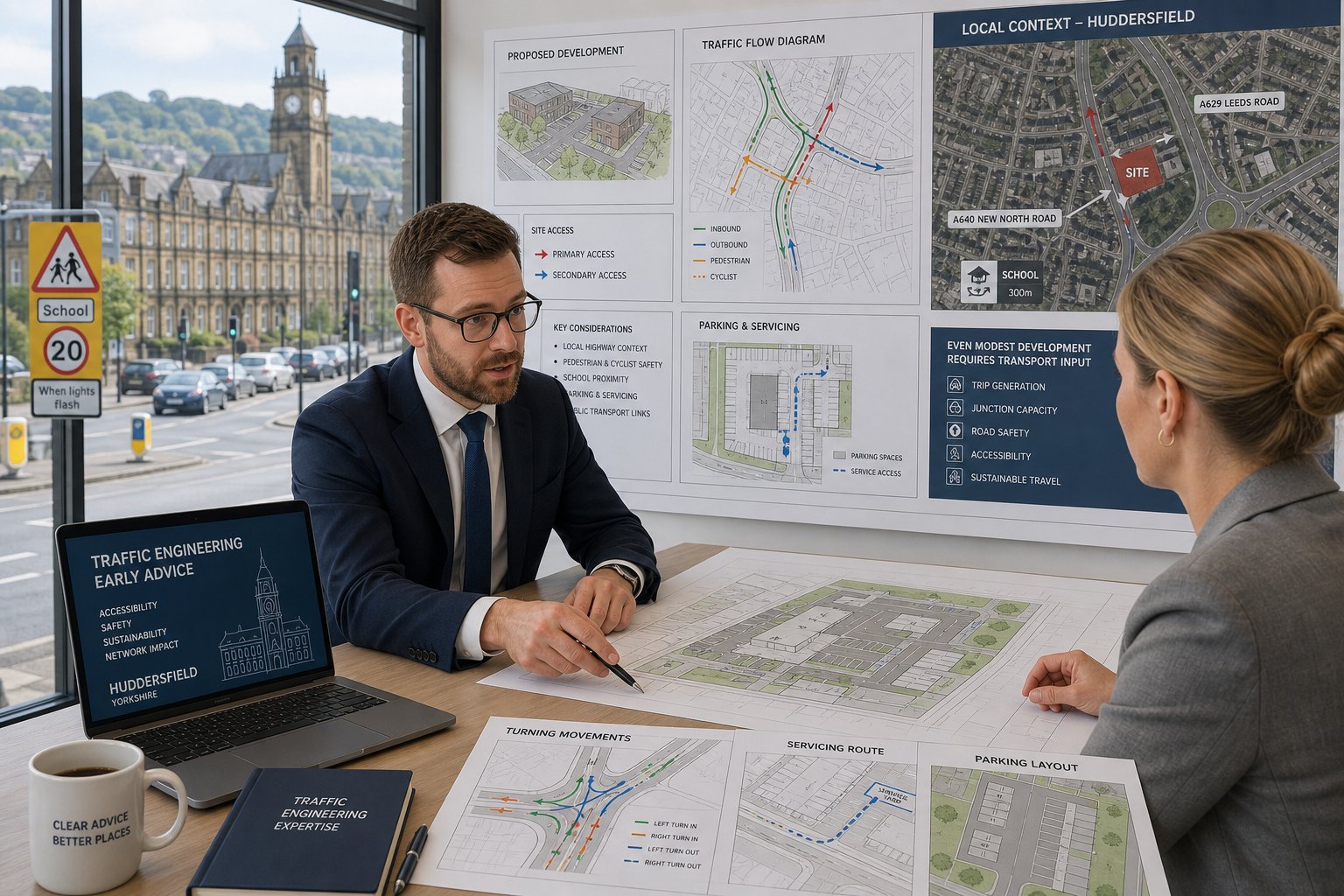 Traffic engineer reviewing development access and traffic plans in Huddersfield office.