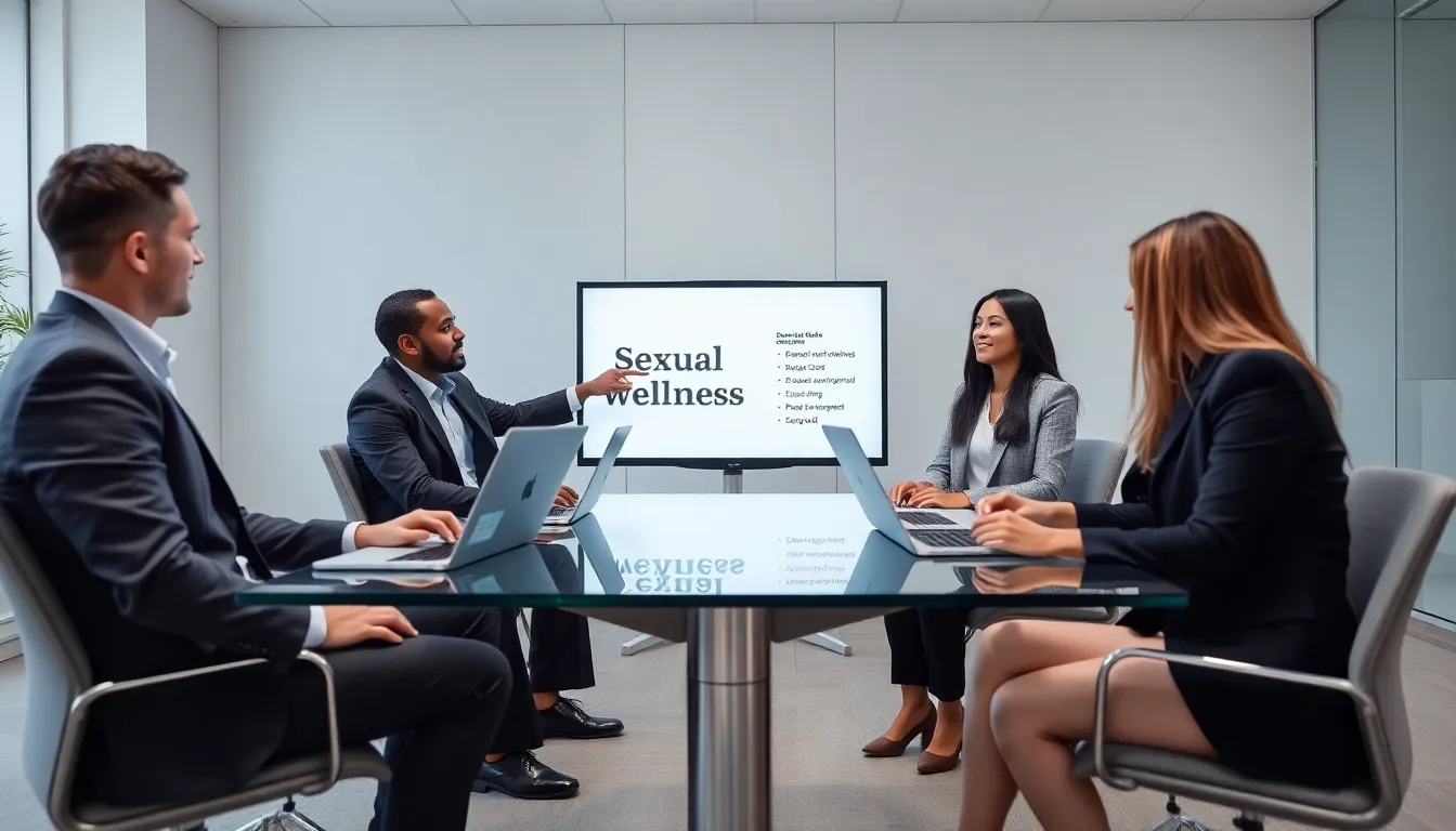diverse professionals discussing sexual wellness in a modern office.