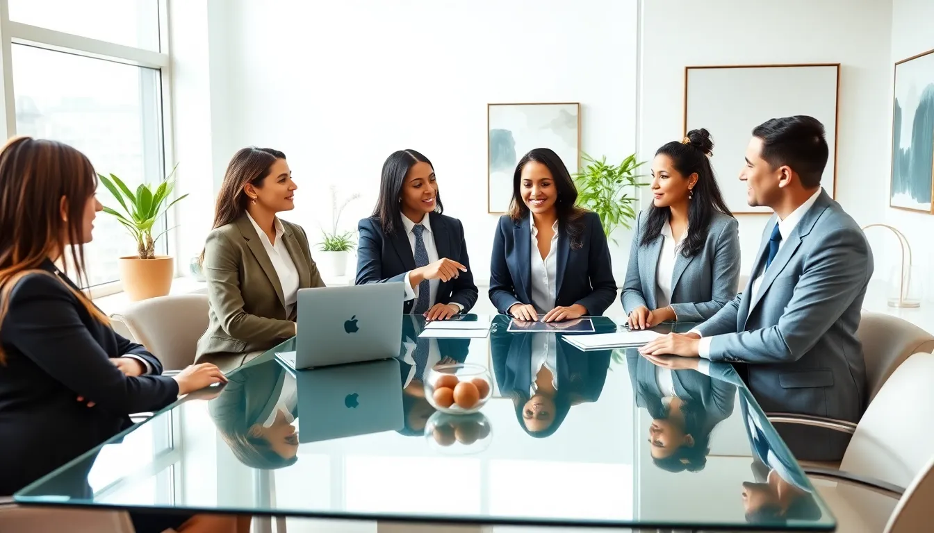 diverse lawyers discussing work-life balance in a modern office.