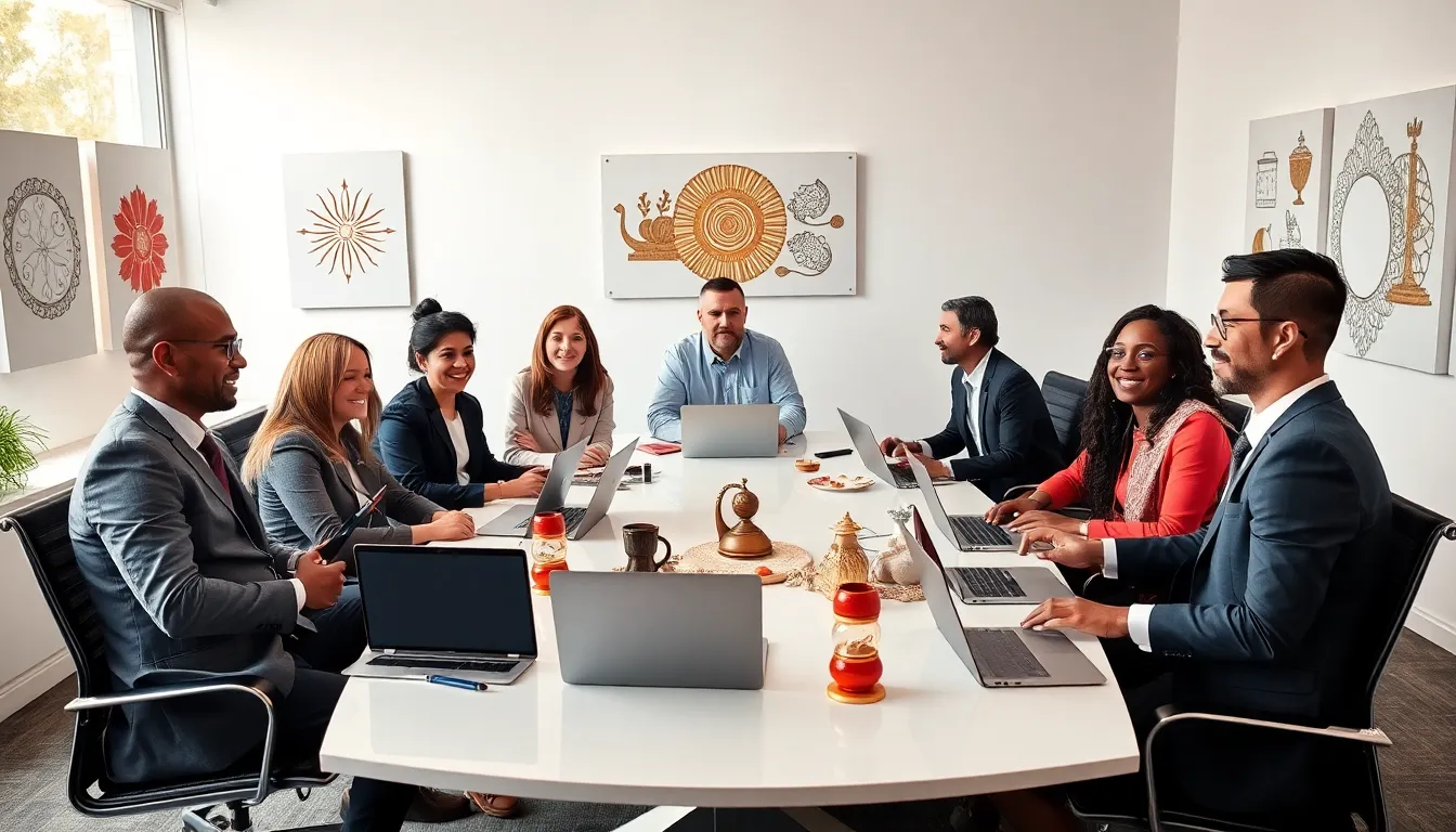 diverse team discussing cultural norms in a modern office.