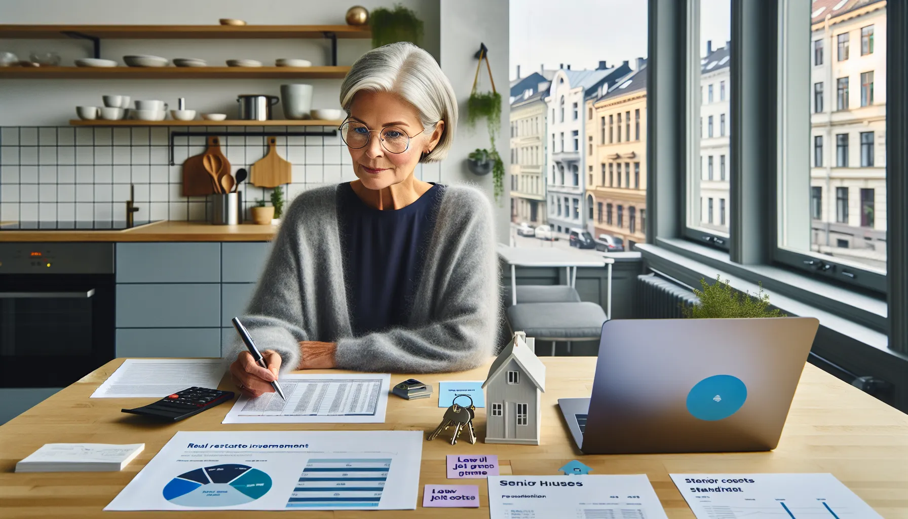 Norwegian retiree evaluates real estate options at a sunlit oslo kitchen table.
