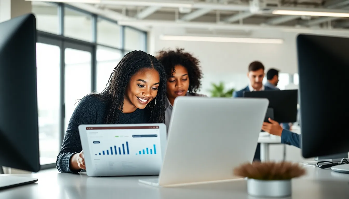 team of diverse professionals using digital financial tools in a modern office.