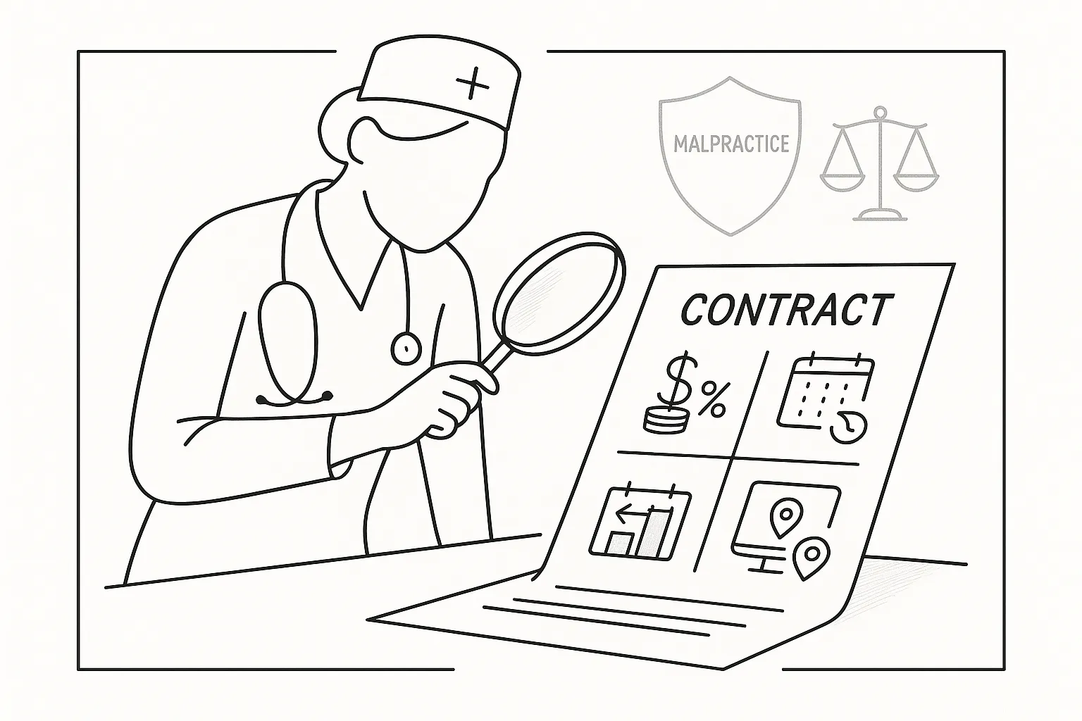 Nurse practitioner examining a contract with icons for pay, scope, and telehealth.