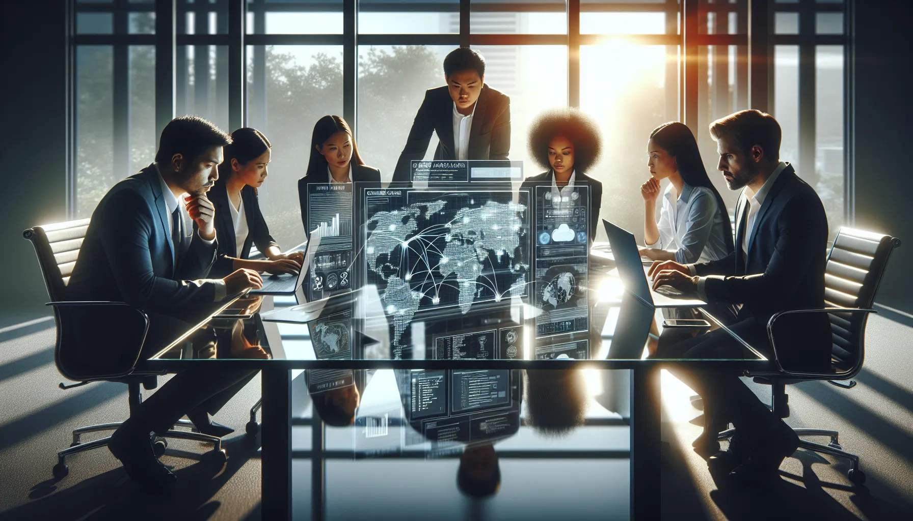 cybersecurity professionals discussing IP address security in a modern office.