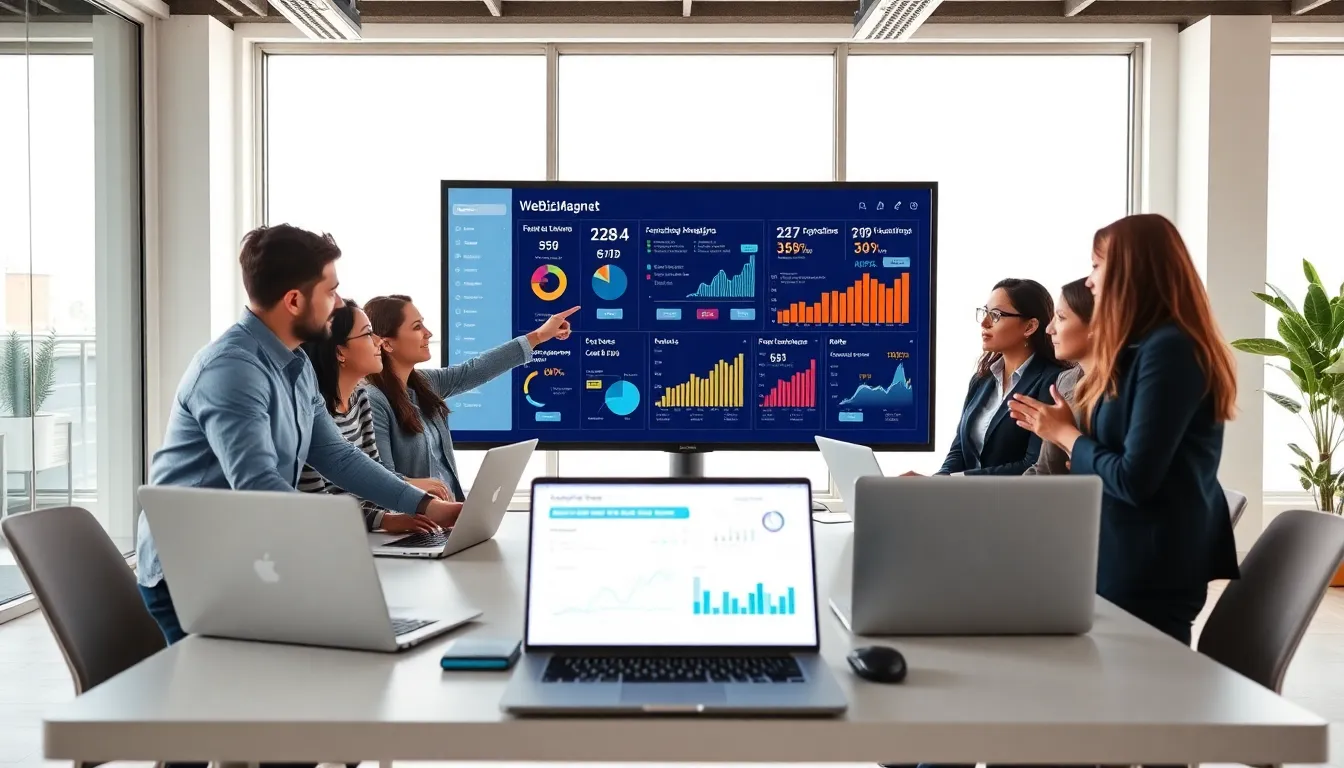 professionals collaborating in a modern office about WebBizMagnet software.