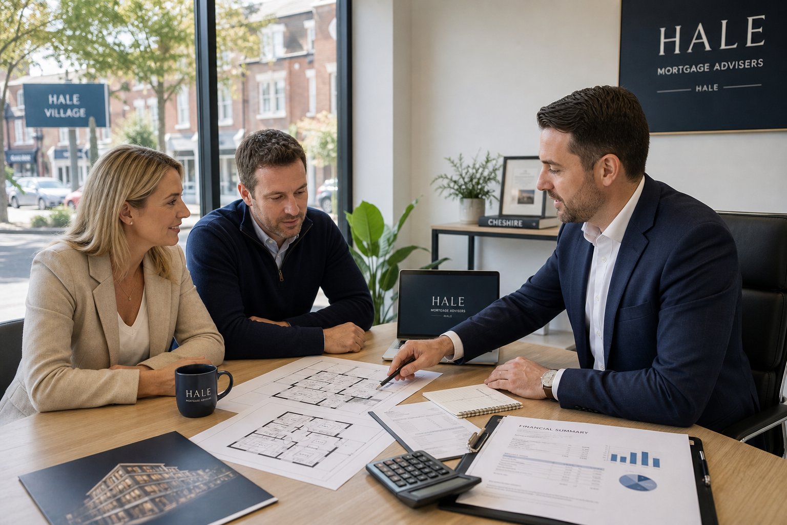 Mortgage adviser meeting business owners in a bright modern office with property documents and laptop.