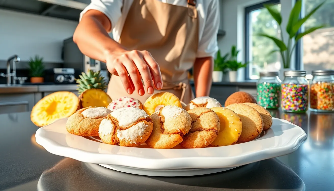 Tropical cookies displayed in a bright, modern bakery kitchen.