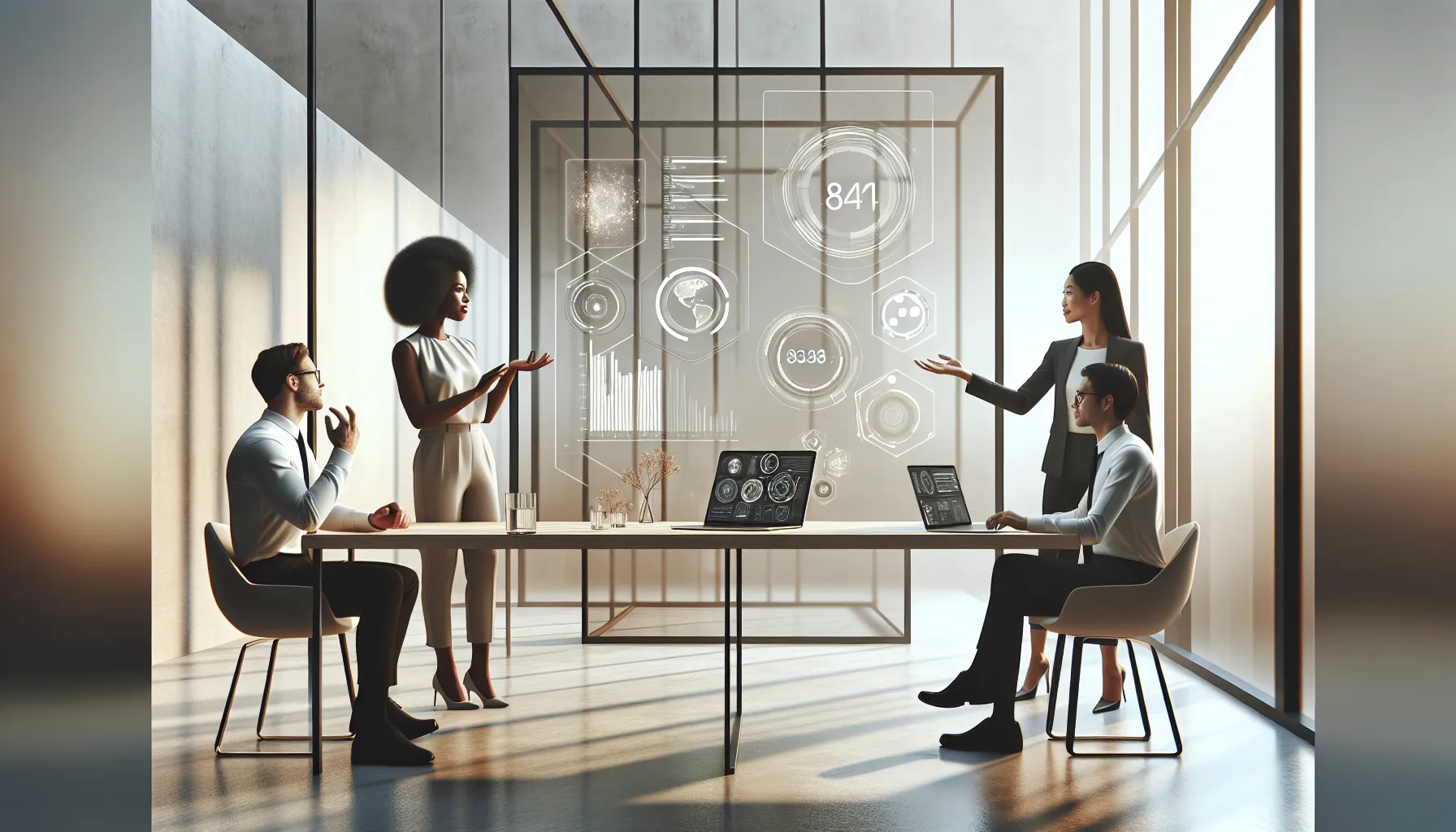 diverse team analyzing the interpretations of a number in a modern workspace.