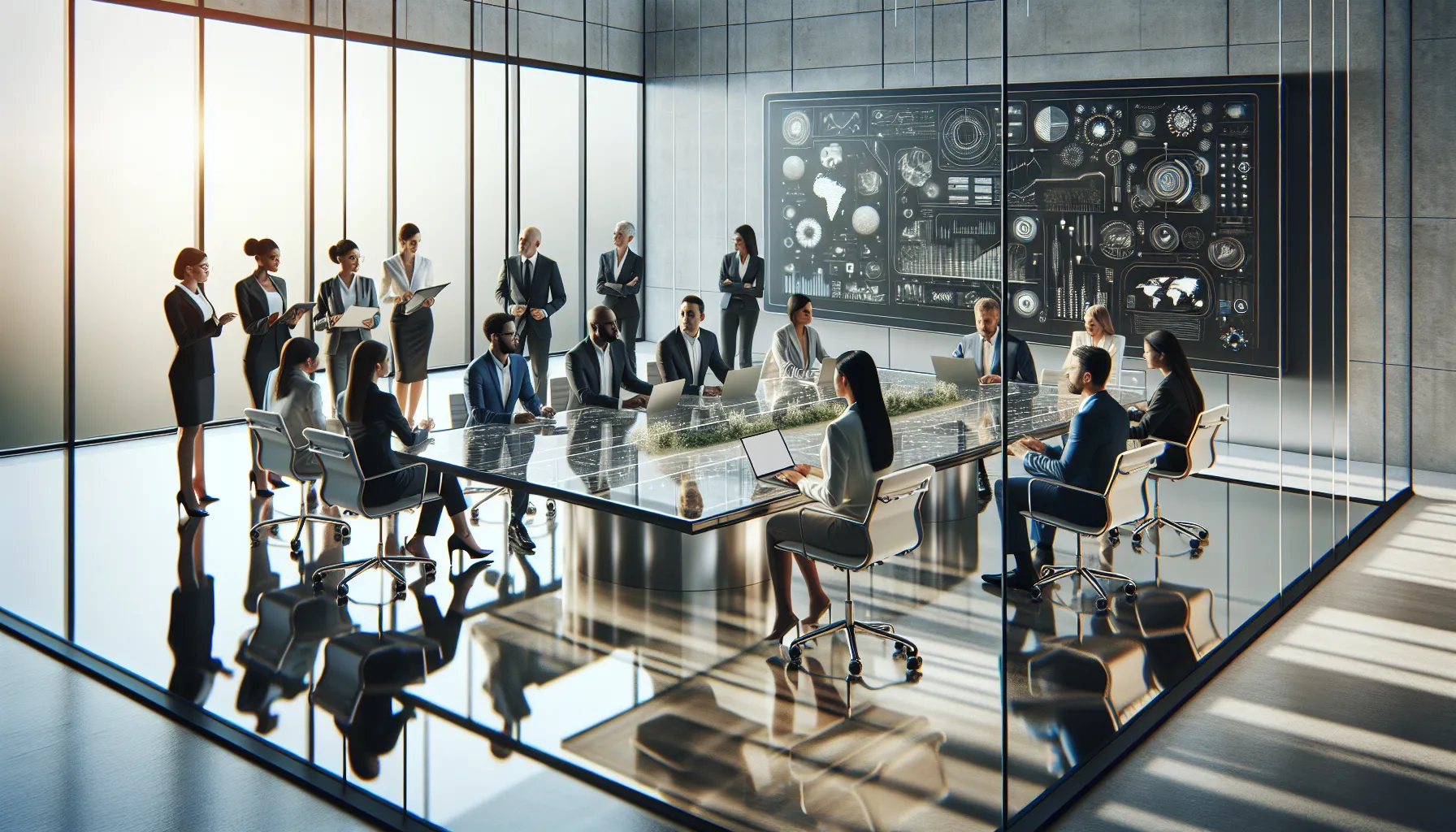 diverse professionals collaborating in a modern office setting.