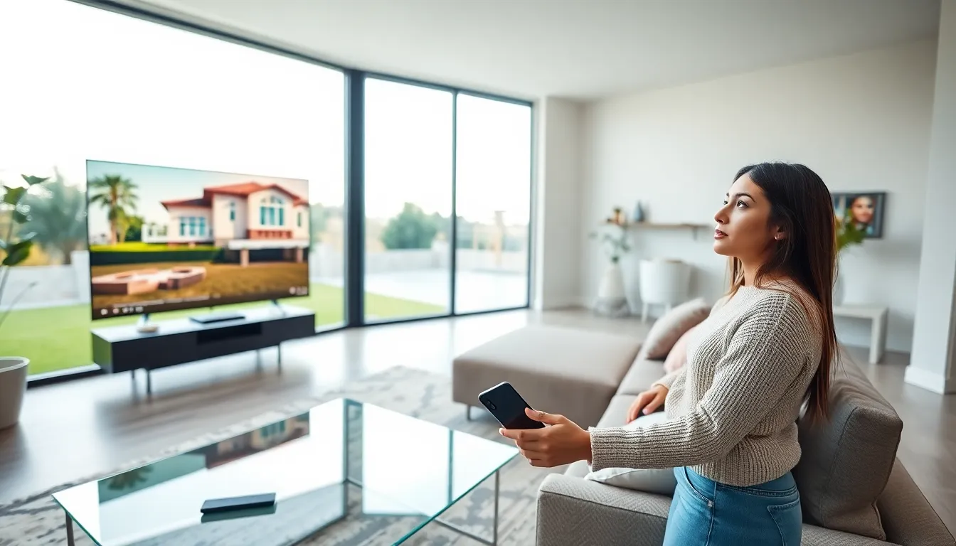 a woman exploring a virtual tour of a modern home interior.