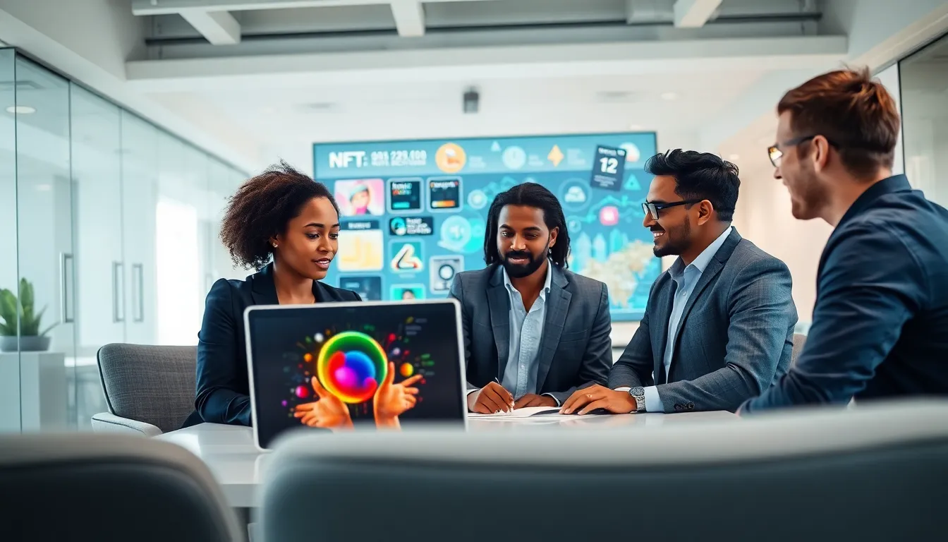 professionals discussing NFTs in a modern office setting.