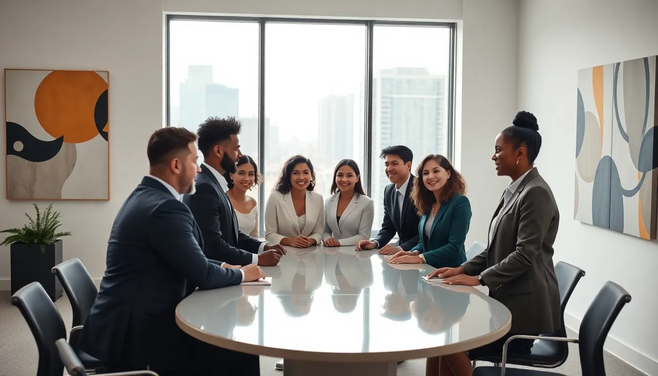 diverse professionals collaborating in a modern office setting.