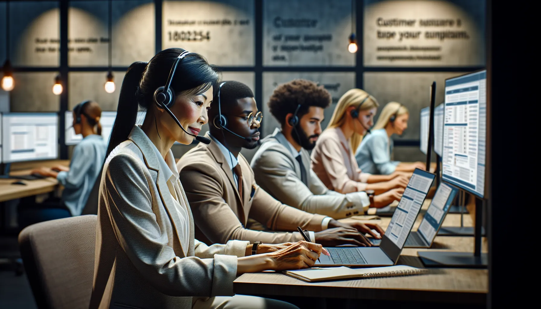 customer service representatives assisting clients in a modern call center.