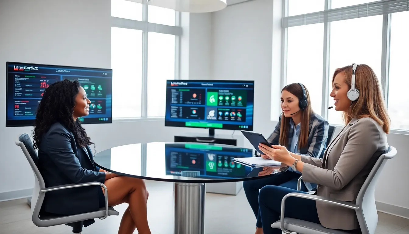 diverse team in an office supporting sports news customers.