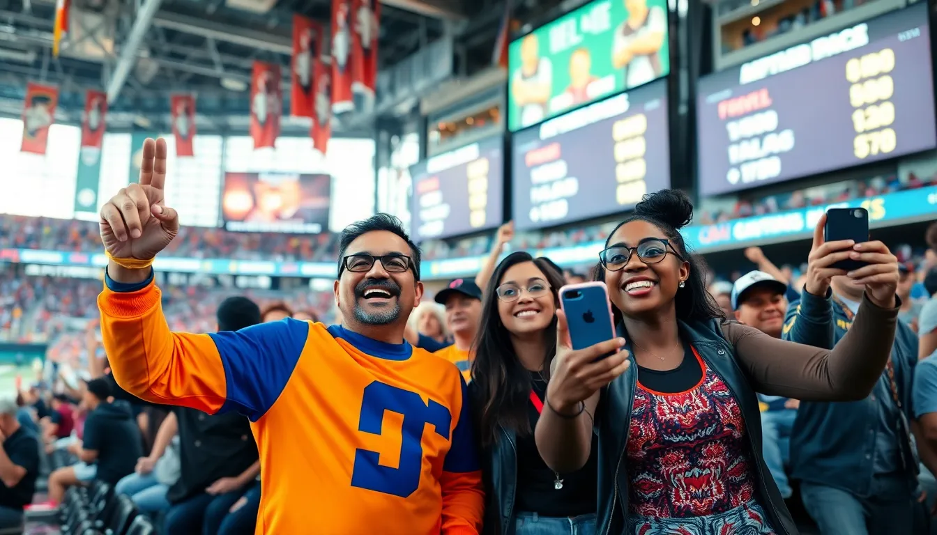 excited sports fans in a stadium during a game day with team banners.