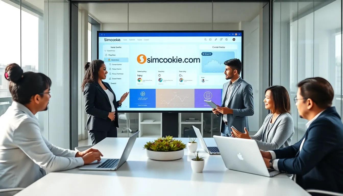 professionals collaborating in a modern office showcasing Simcookie.com.