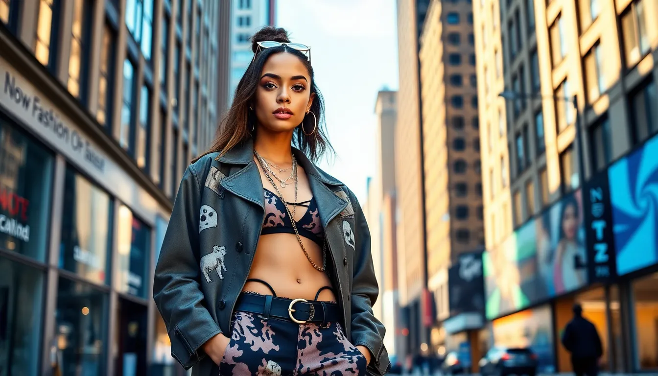 young woman in a creative outfit standing in an urban fashion setting.