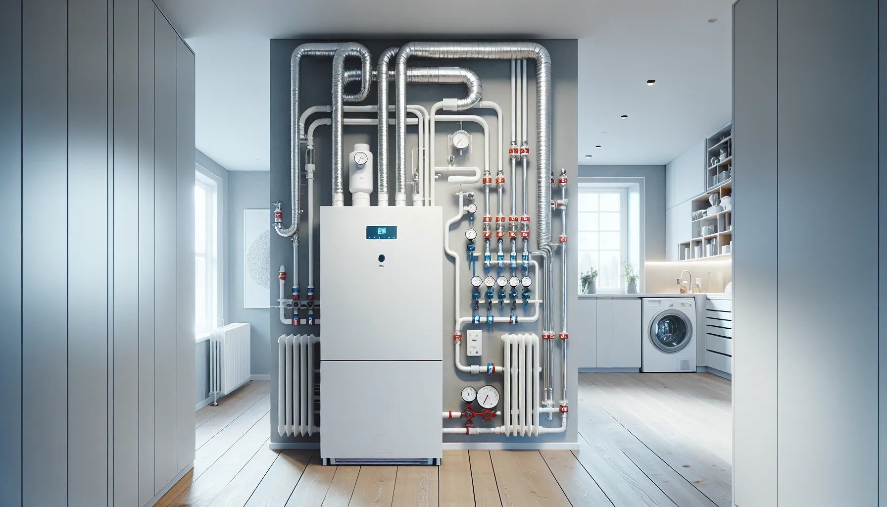 Exhaust air heat pump in a norwegian home utility room heating water and air.