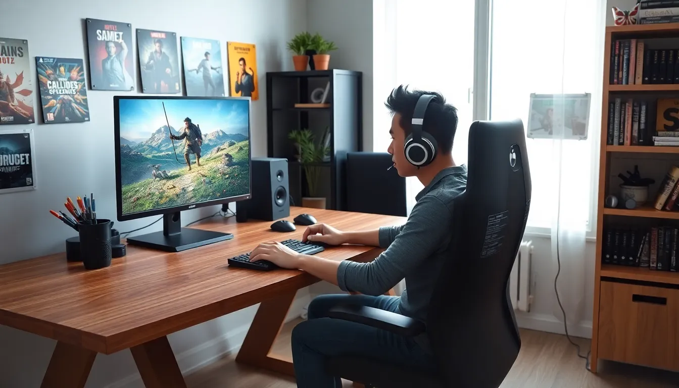 gamer reviewing games in a modern workspace.