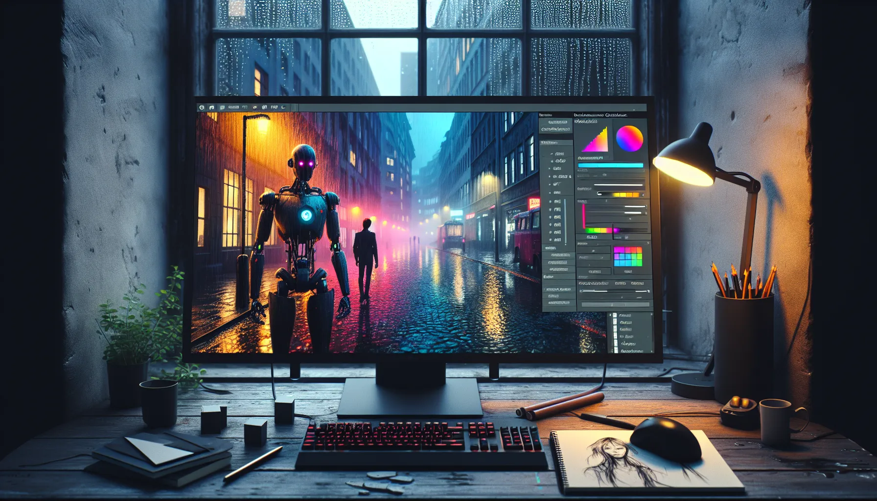 Teknologi og kunst: hvordan ai skaper kunstverk 3 Designer tweaks diffusion ui generating a rainy neon robot scene in oslo.