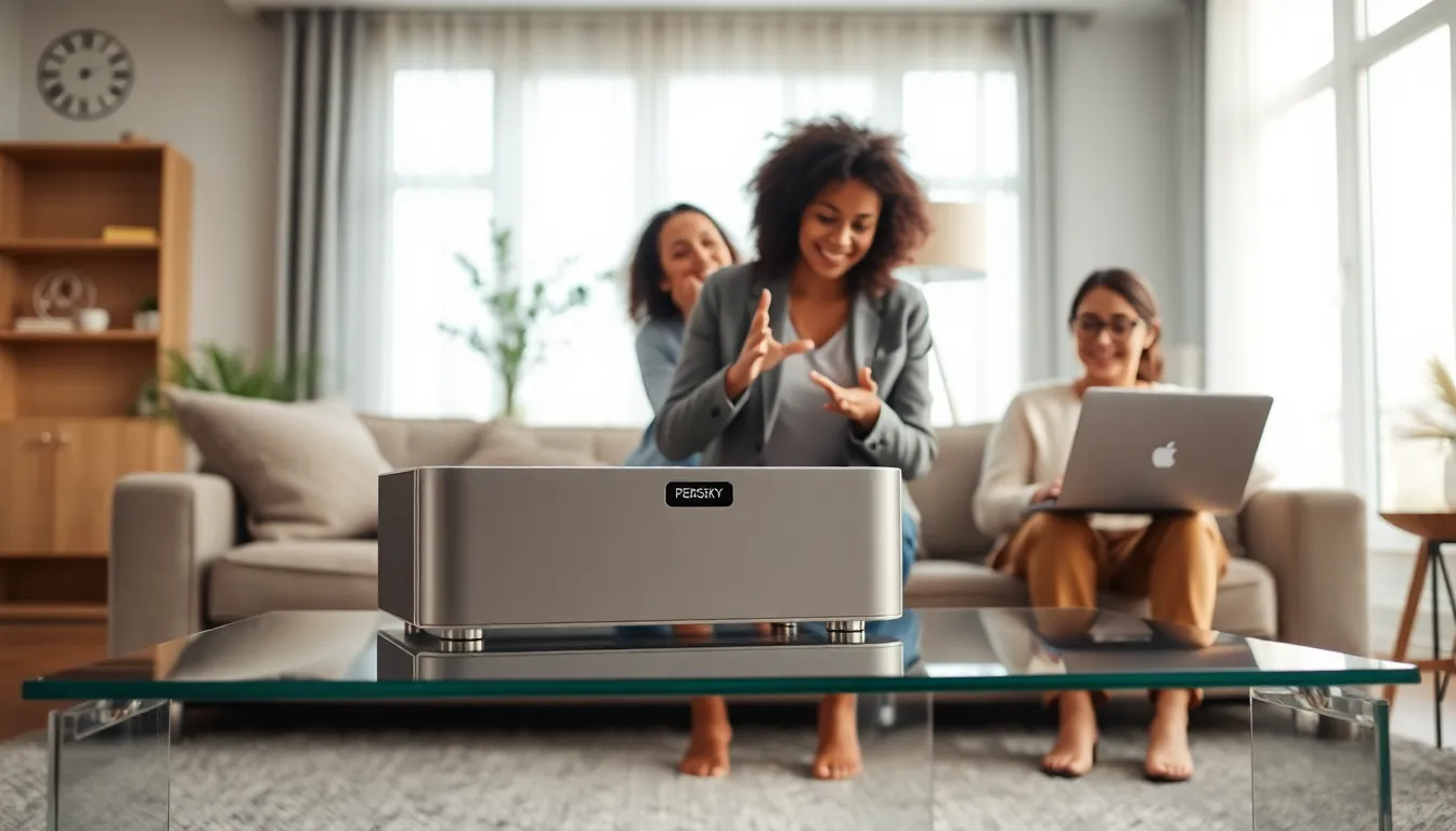 diverse team discussing the Perosky product in a modern living room.
