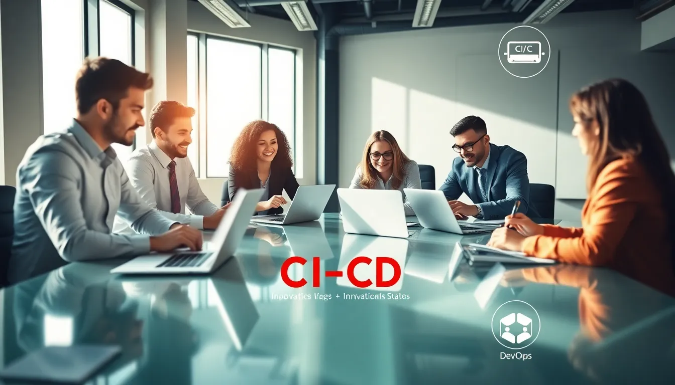 diverse team collaborating in a modern office on DevOps principles.