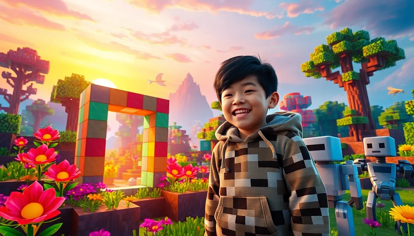 A child exploring a vibrant Minecraft landscape with new biomes and mobs.
