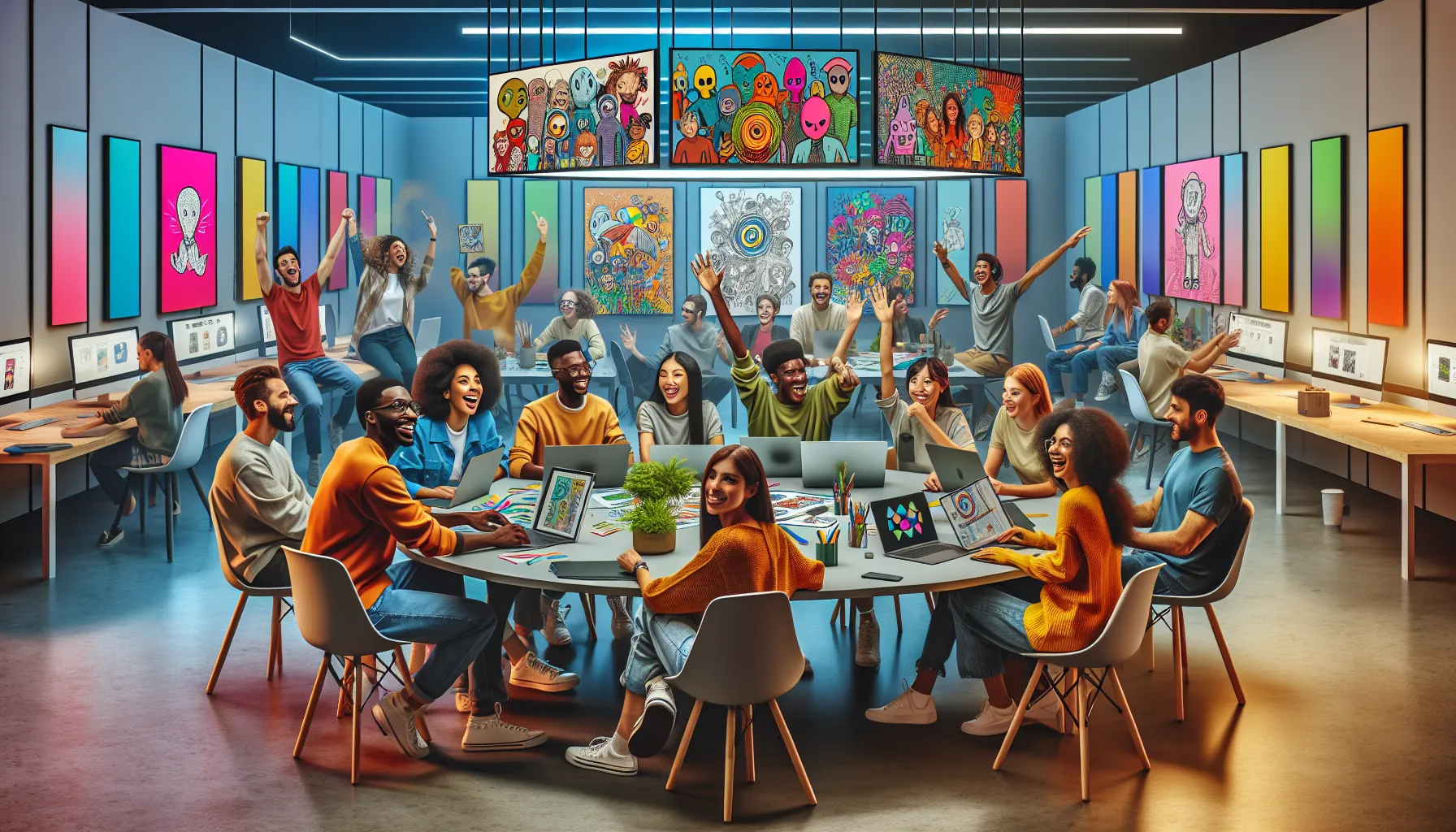 diverse group collaborating around creative projects in a modern office.