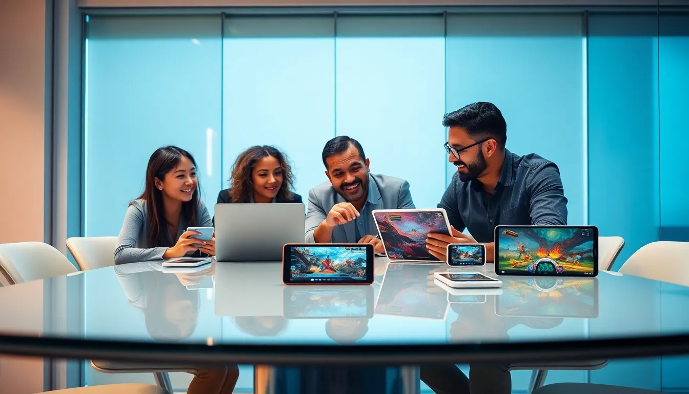 diverse team discussing recent Apple gaming releases in a modern office.
