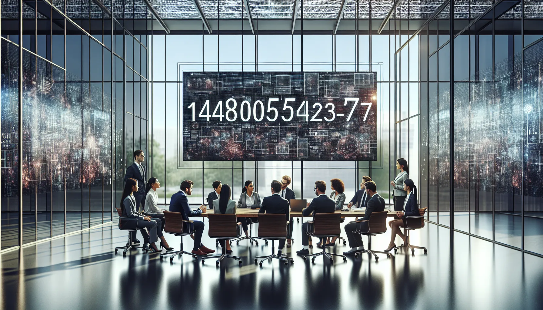 diverse team collaborating in a modern office around a digital display.