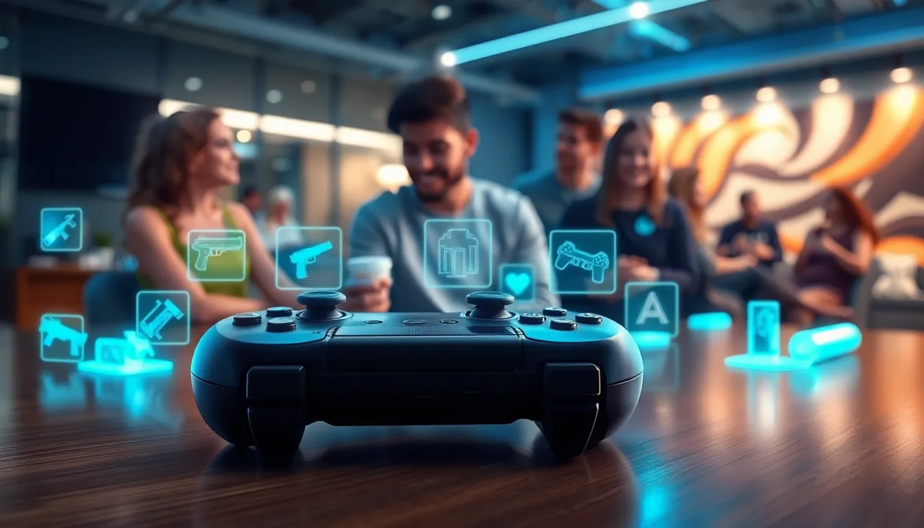 gaming controller with holographic icons and players discussing strategies.