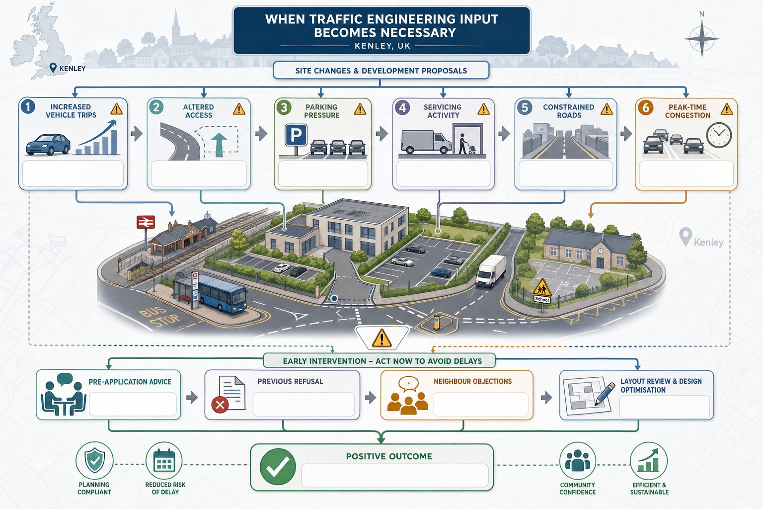 Infographic showing when traffic engineering input is needed for Kenley developments.