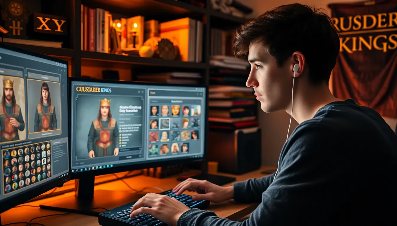 A gamer creating characters in Ck2Generator on his computer.