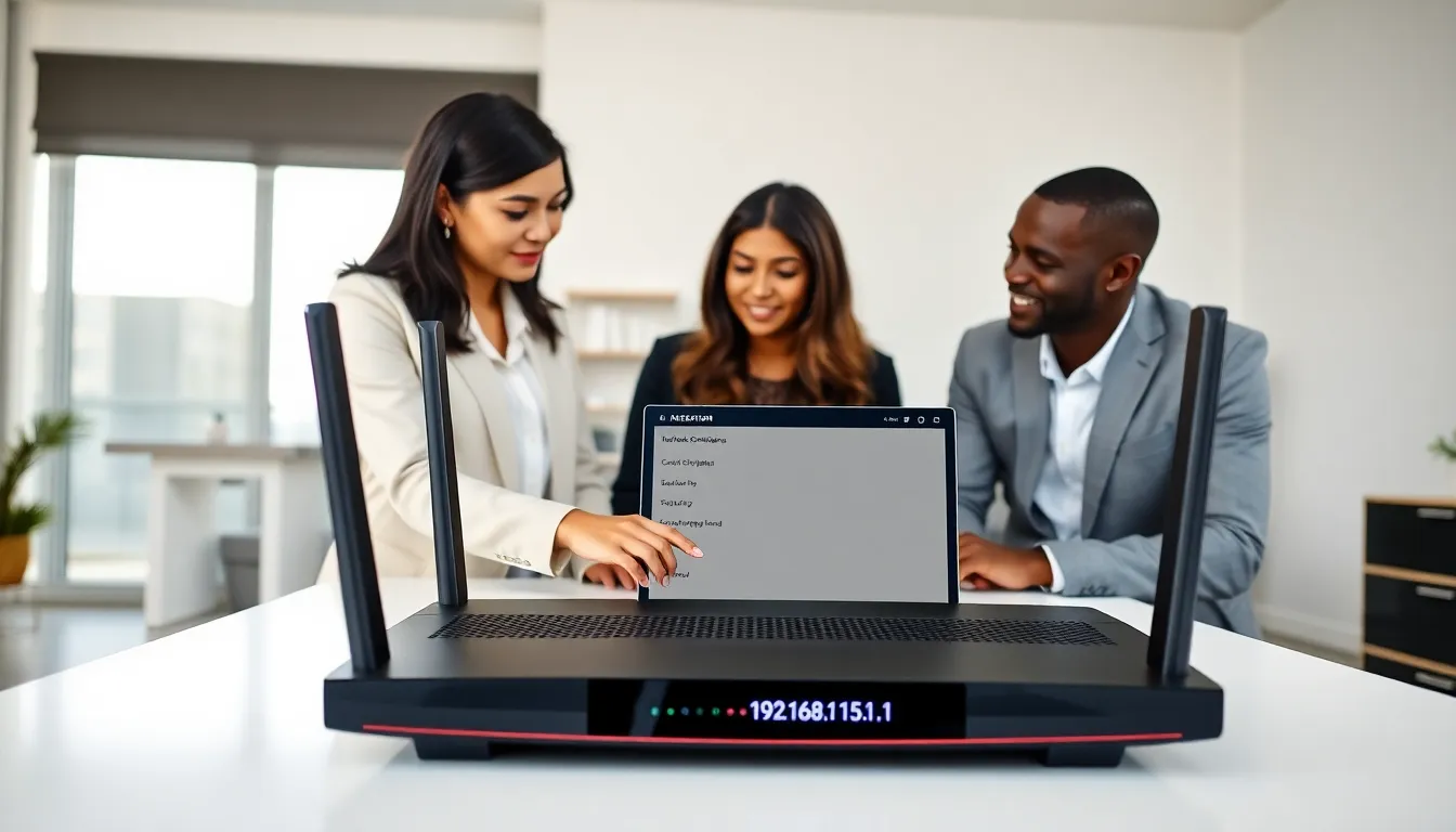 professionals discussing network setup in a modern office.